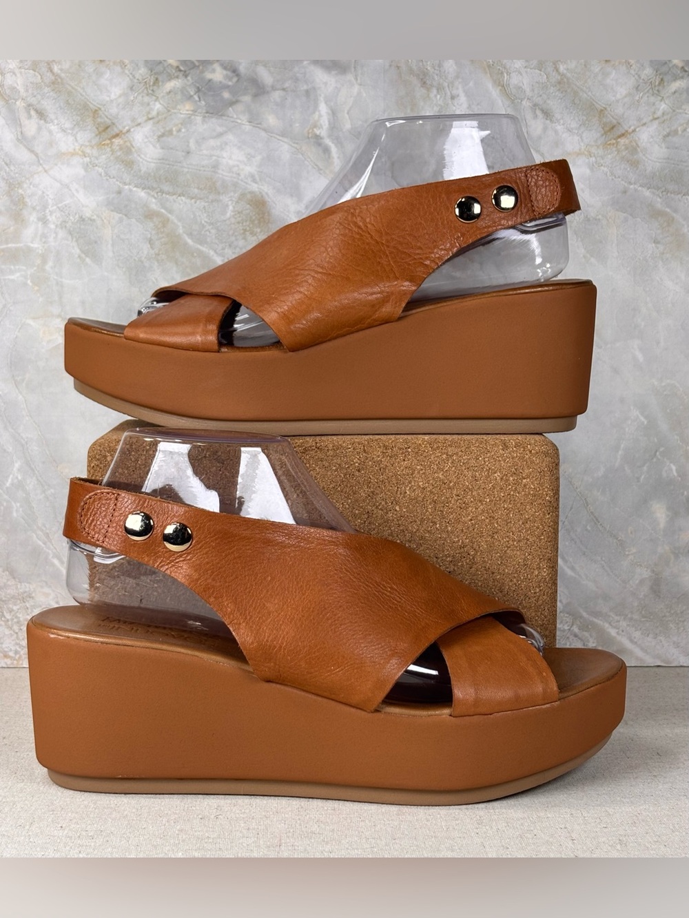 Miz Mooz Leather Platform Wedge Sandals Cognac Slingback EU 40 US 9
